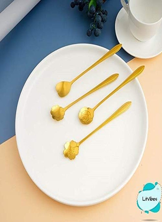 LitVibes Kitchen Dinner Dining Tableware,Cutlery Dessert Spoon,Coffee,Sugar,Mixing,Tea,Stirring,Cake And Ice Cream Spoon,Stir Bar Gold Flower Stainless Steel Spoon-Set Of 6(Random),13 Centimeters - Image 3
